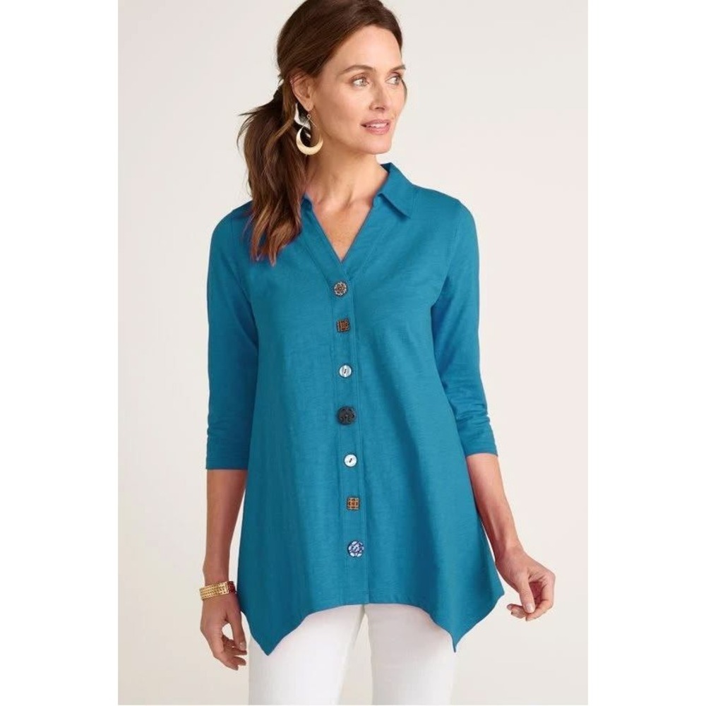 Soft Surroundings Danielle Button Tunic L Artsy Slub Cotton Asymmetric Teal Blue